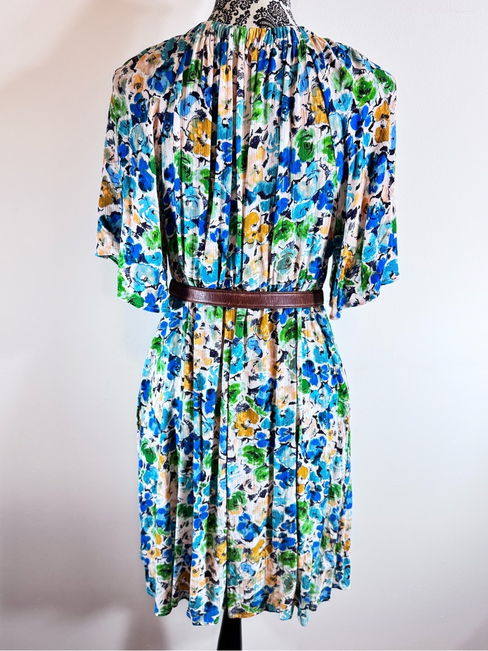 Millibon Floral V-Neck Short Sleeve Flowy Midi Dress in Blue & Green size L - Picture 6 of 9